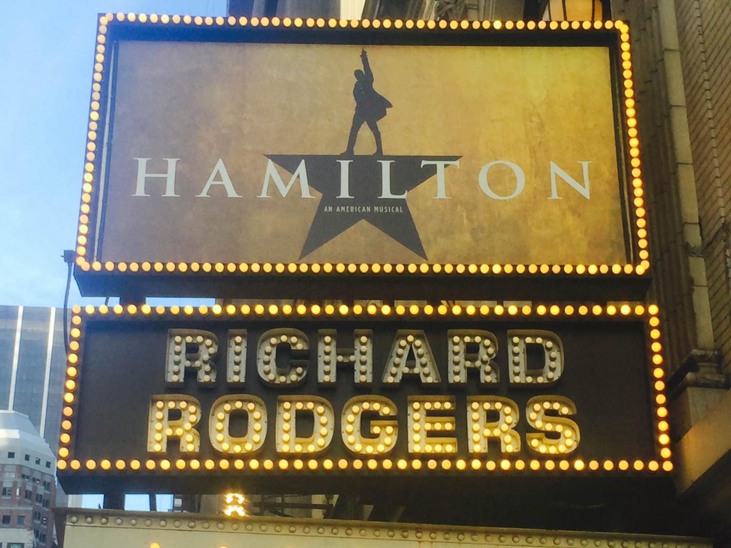 Hamilton musical sign at Richard Rodgers Theatre.