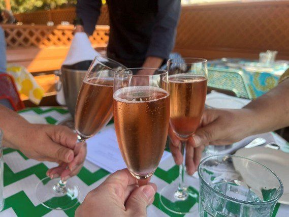 People toasting with glasses of rose wine in an outdoor setting.