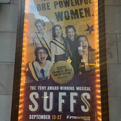 Poster for "The Suffs" musical featuring powerful women in history.