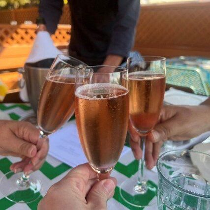 People toasting with glasses of rose wine in an outdoor setting.